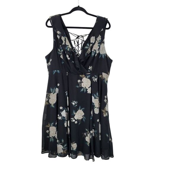 Torrid Baby Doll Skater Mini Dress Plus Sz 18 Black Floral Chiffon Lace-Up Back - Picture 12 of 12